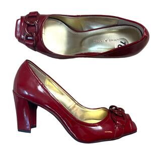 ETIENNE AIGNER Nigela Red Patent Peep Toe Pumps Women’s 10 3.5” Block Heel